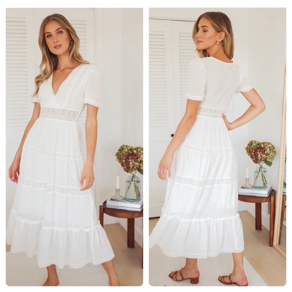 New Lulus Folklore White Swiss Dot Lace Tiered Midi Dress